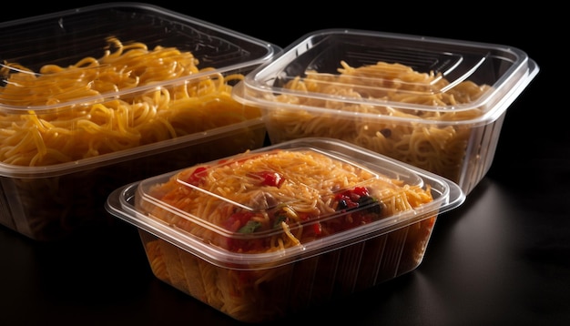 Свежая изысканная еда в пластиковом контейнере со здоровой вегетарианской пастой, созданная искусственным интеллектом