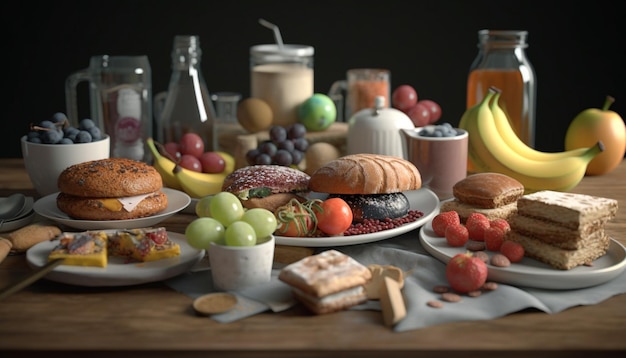 Fresh gourmet meal on wooden table fruit bread tomato almond generated by artificial intelligence