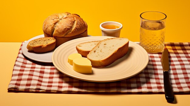 Fresh gourmet meal on yellow plate with baked bread