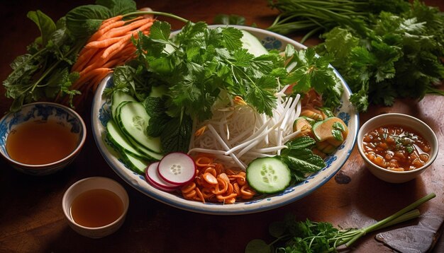 Photo fresh gourmet salad with organic vegetables on rustic wooden table generated by ai