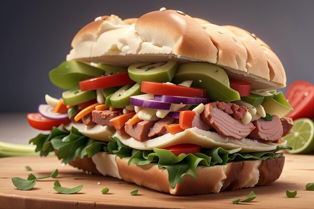 Fresh gourmet sandwich with meat and vegetables