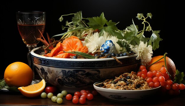 Fresh gourmet vegetarian meal on wooden table with healthy vegetables generated by artificial intelligence