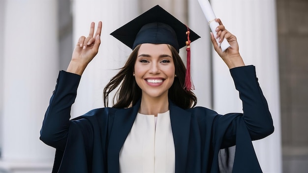Молодая выпускница с дипломом позирует на белом фоне