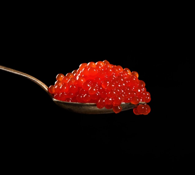 Fresh grainy red chum salmon caviar in a metal spoon, delicious and healthy food, close up