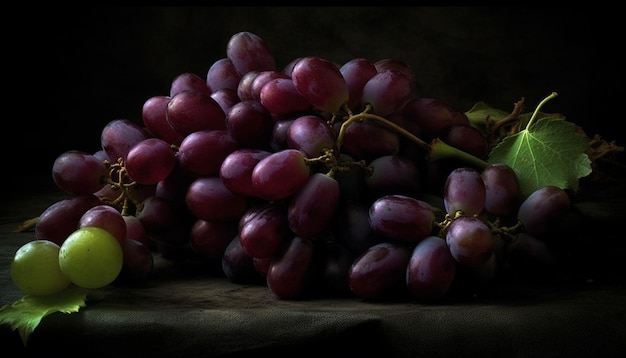 Fresh grape bunches on a wooden table a healthy autumn snack generated by artificial intelligence