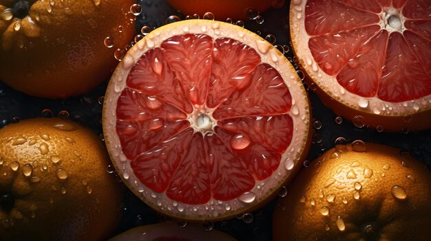 Fresh grapefruit with water splashes and drops on black background