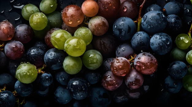 Fresh grapes with water splashes and drops on black background