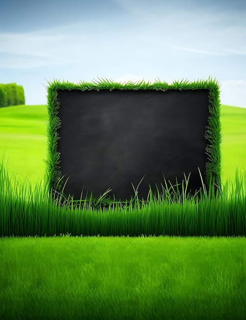 Photo fresh grass blackboard advertising background