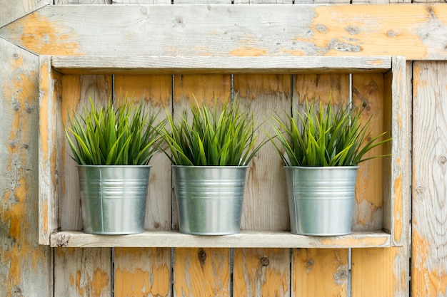 fresh grass growing in metallic flower pot on wooden background