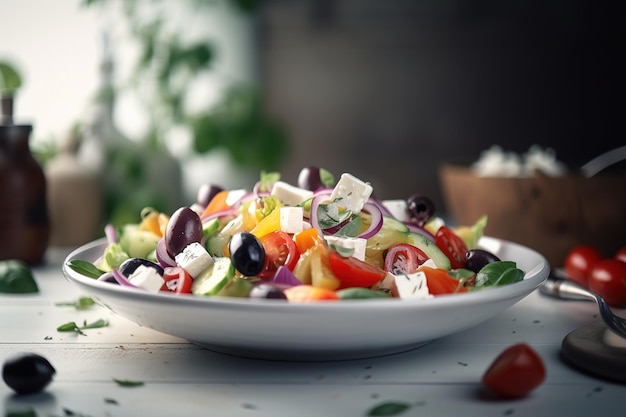 Photo fresh greek salad on a plate generated ai