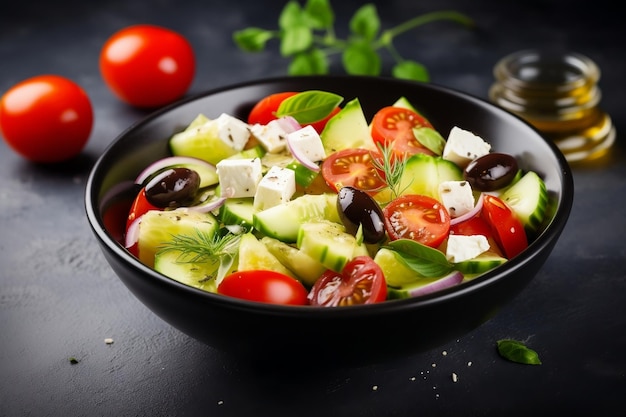 Свежий греческий салат с вишнёвым помидором, огурцом и салатами