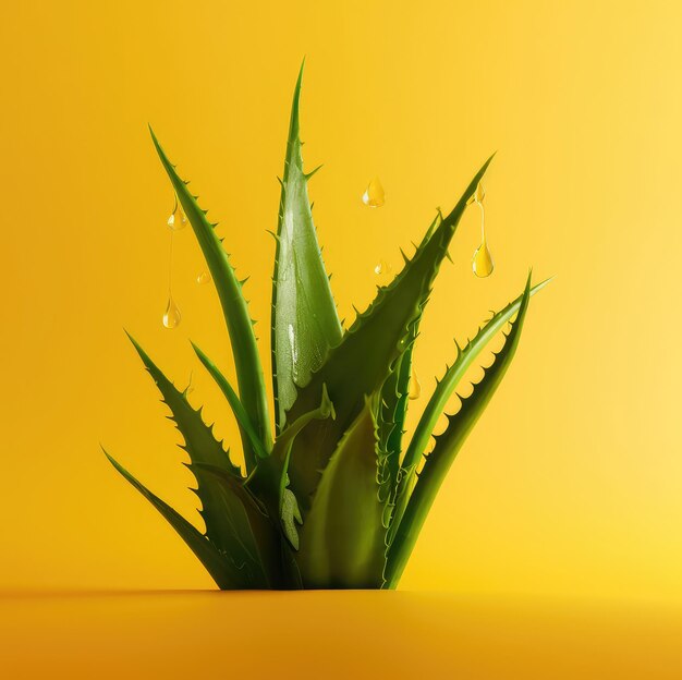 Fresh green aloe vera leaves on yellow background