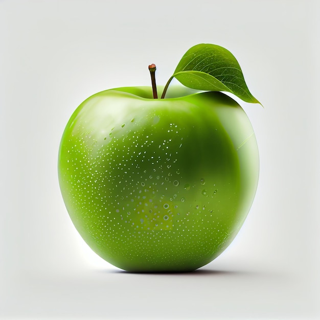 Fresh green apple with a leaf on white background