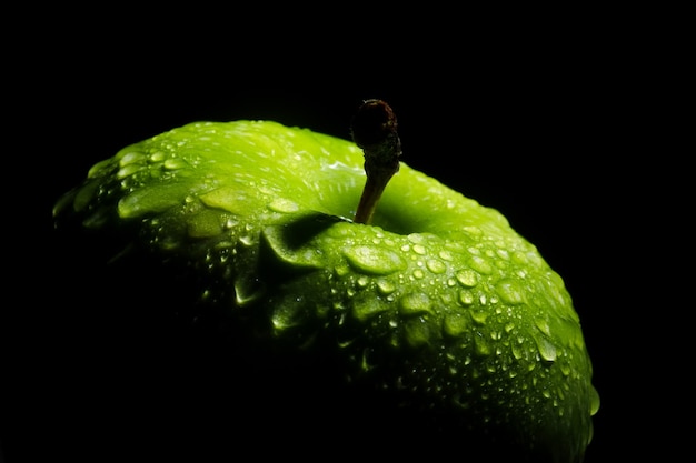 Fresh green apple with water drops on dark background