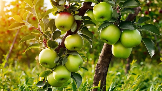Свежие зеленые яблоки на ветвях дерева