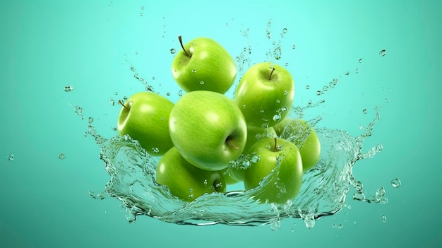 신선한 녹색 사과가 파란색 배경에 스플래시와 함께 물에 빠집니다. Generative AI