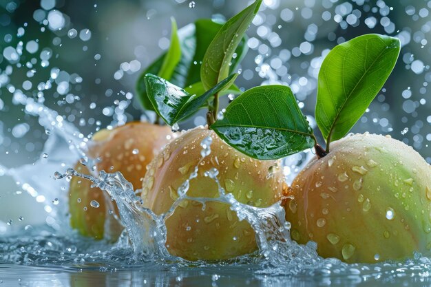 Fresh Green Apples Splashed with Water Drops Against a Blur Background with Sunlight Reflections