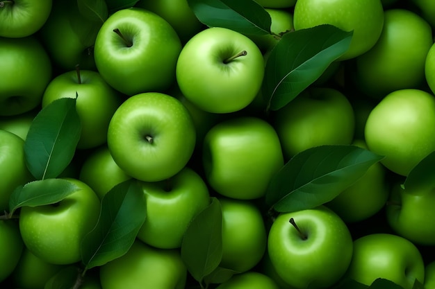 Fresh green apples with leaves closeup