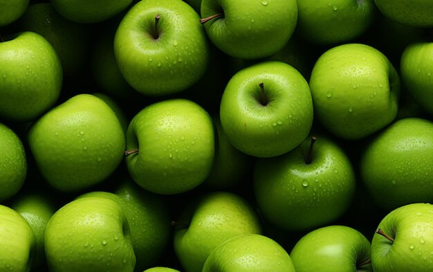 Fresh green apples with water drops close up