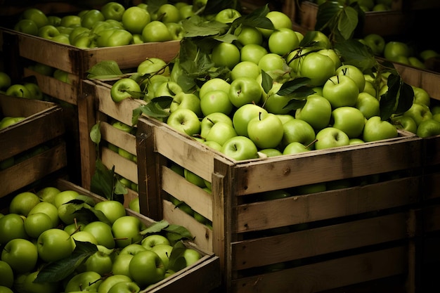 Fresh green apples in wooden boxes