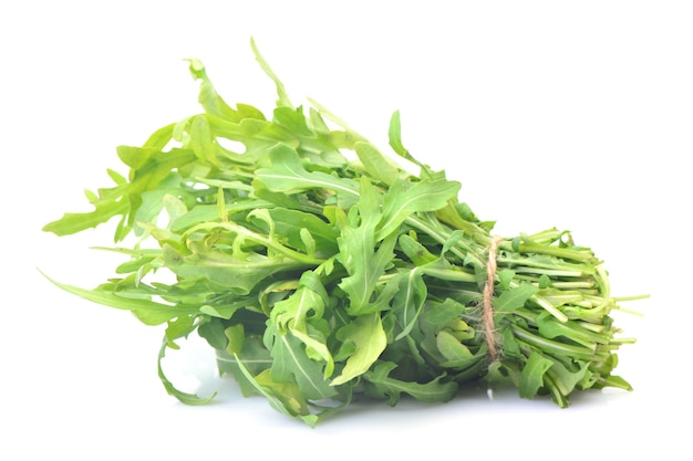 Fresh green arugula on a white background