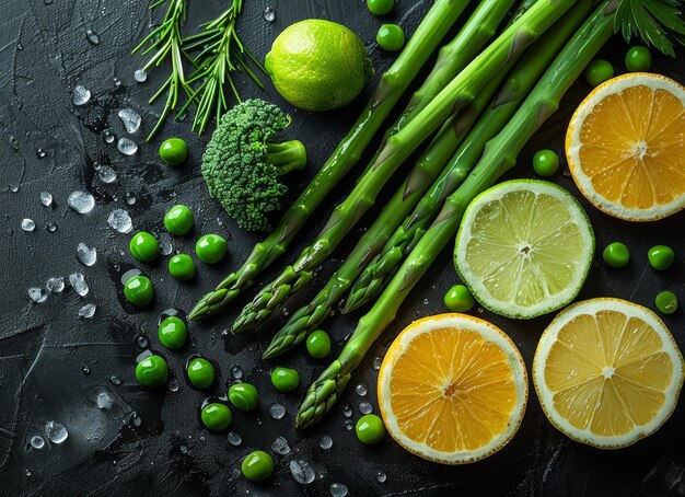 Fresh green asparagus and lemon on black background