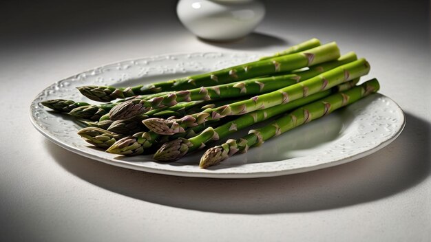 Fresh green asparagus spears on a white plate