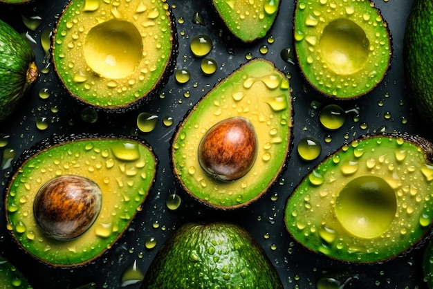 Fresh green avocados with water drops on a dark blue background Generative AI