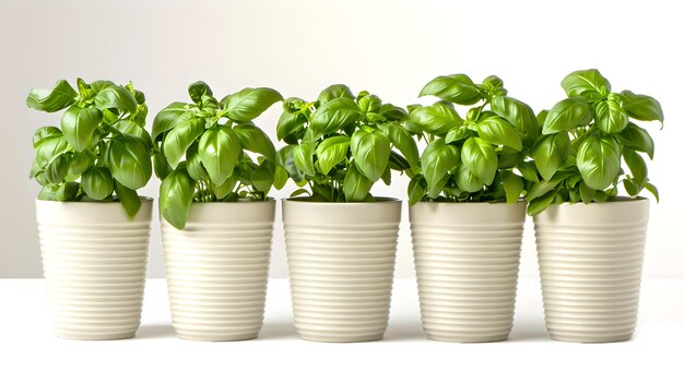 Photo fresh green basil plants in white pots lineup indoor herbal garden concept ideal for kitchen decor vibrant greenery clean and fresh look ai