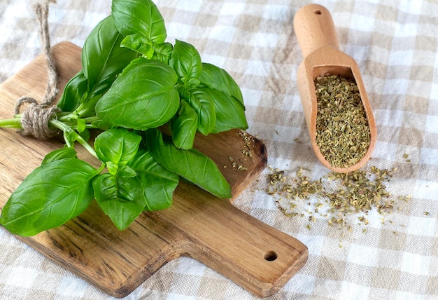 Fresh green basil and seasoning basil on wooden spoon on the cloth background