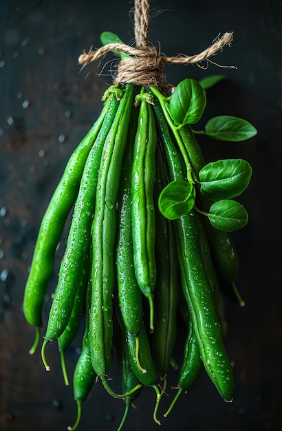 Fresh green beans on dark background