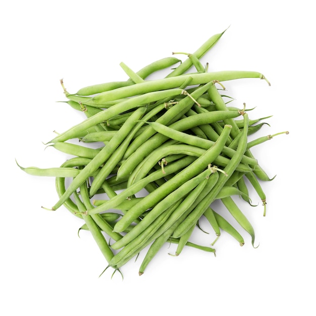 Fresh green beans on white background top view