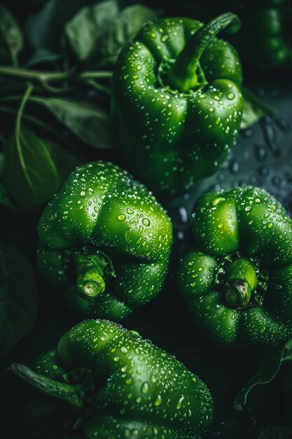 Fresh green bell peppers with water drops healthy eating concept