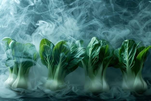 Photo fresh green bok choy in misty smoke on dark background healthy vegetarian cuisine ingredients