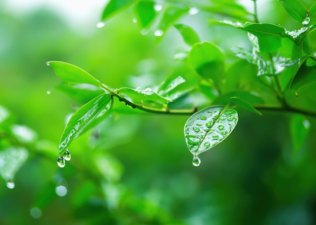 Fresh Green Branches and Leaves in Pouring Rain Serene Nature in a Rainy Day