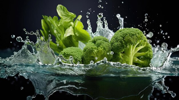 fresh green broccoli splashed with water on black background and blur