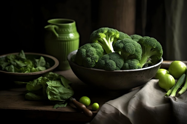 Fresh green broccoli in a wooden bowl