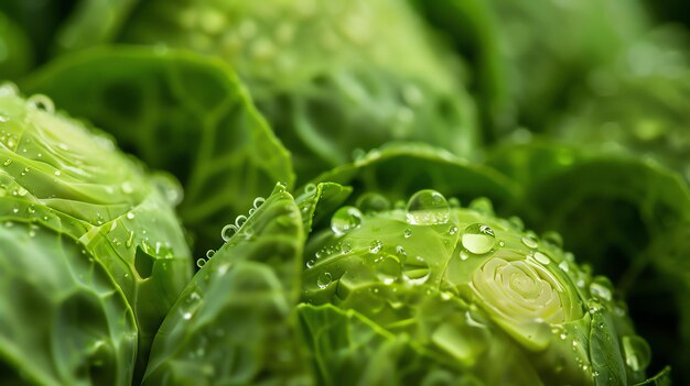 Fresh green cabbage leaves with water drops