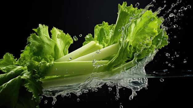 Fresh green celery exposed to water splash on black background and blur