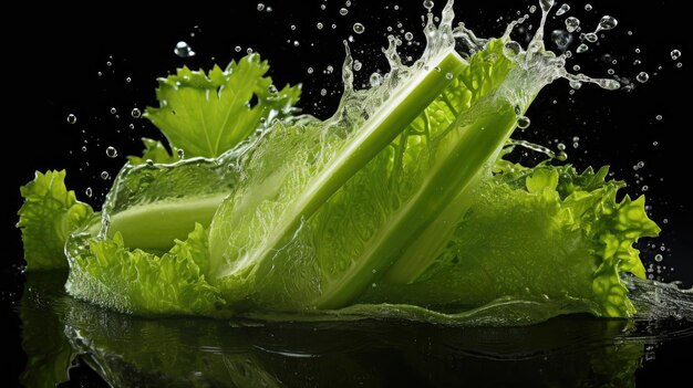 Fresh green celery exposed to water splash on black background and blur