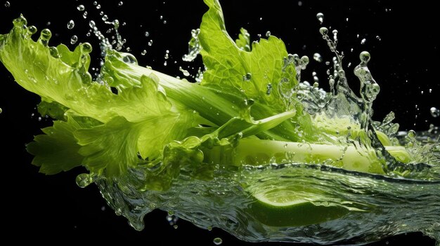 Photo fresh green celery exposed to water splash on black background and blur