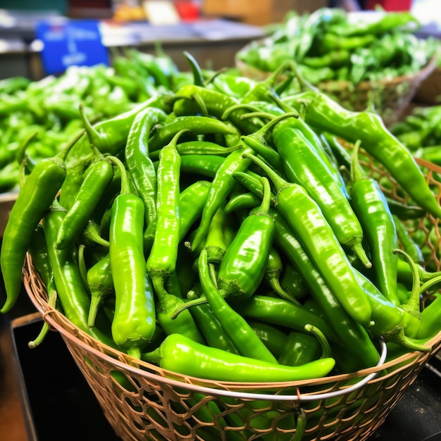 Fresh green chilli in wooden basket