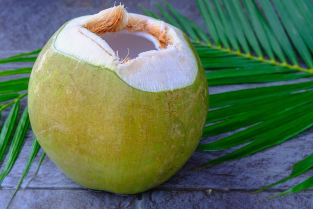 Fresh green coconut fruit and coconut leaves