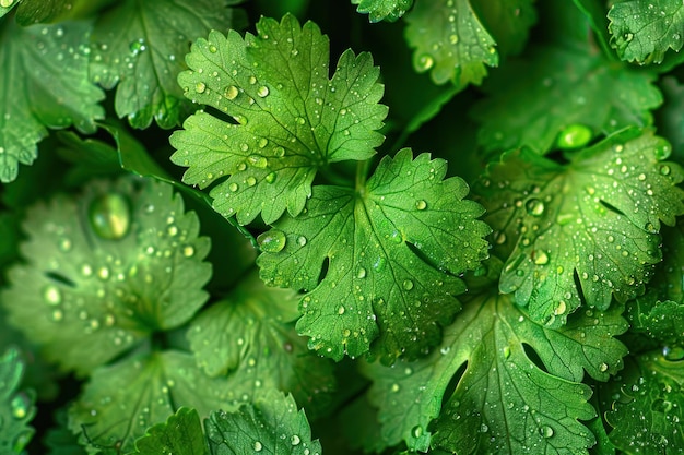 Fresh green coriander herb leaves with water drops over it