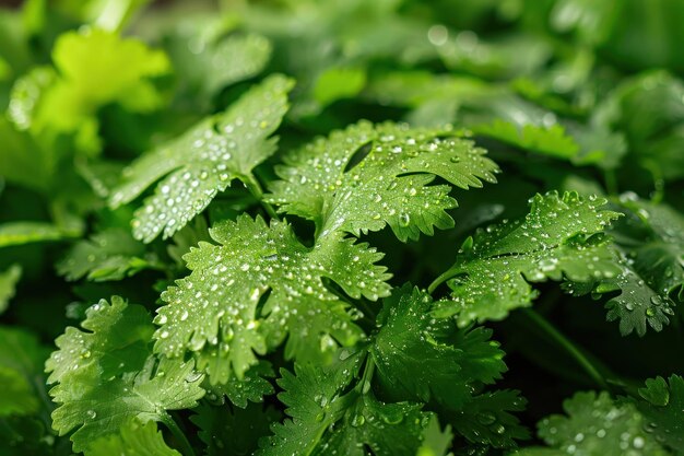 Fresh green coriander herb leaves with water drops over it