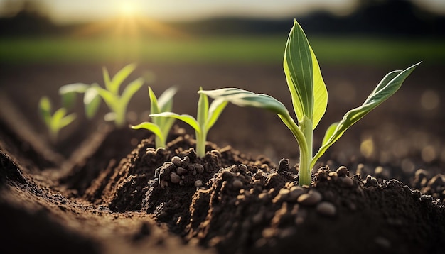 Fresh green corn sprouts in the spring on the field Generative AI