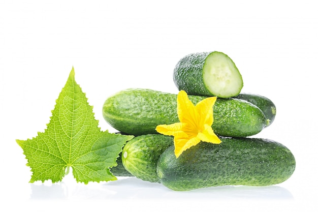 Fresh green cucumber natural vegetables with flower isolated