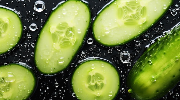 Photo fresh green cucumber slices with water drops background vegetables backdrop generative ai