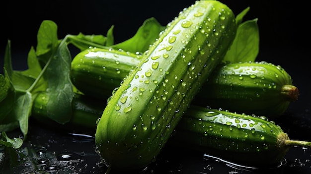 fresh green cucumber splashed with water on black and blurred background