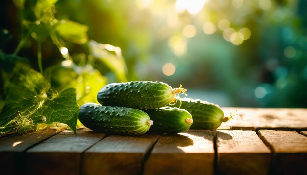 木製のテーブルに新鮮な緑のキュウリ 自然で美味しい野菜 オーガニックガーデンフード